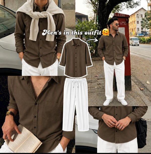Premium Brown Full Sleeves Shirt With White Drawstring Trouser
