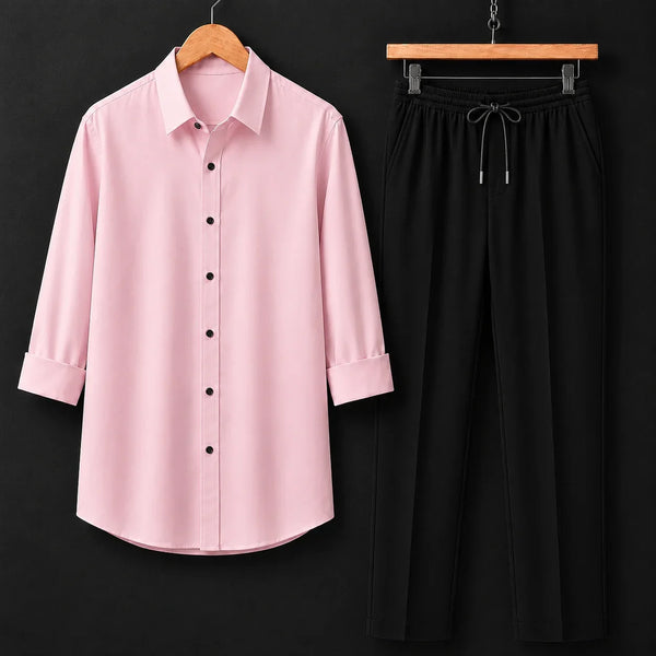 Premium Baby Pink Full Sleeves Shirt With Black Drawstring Trouser