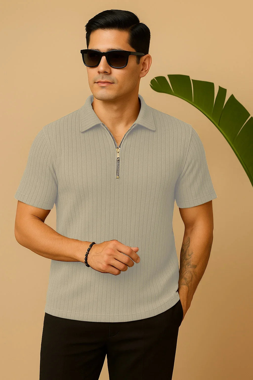 Ribbed Knit Half-Zip Polo Shirt Beige