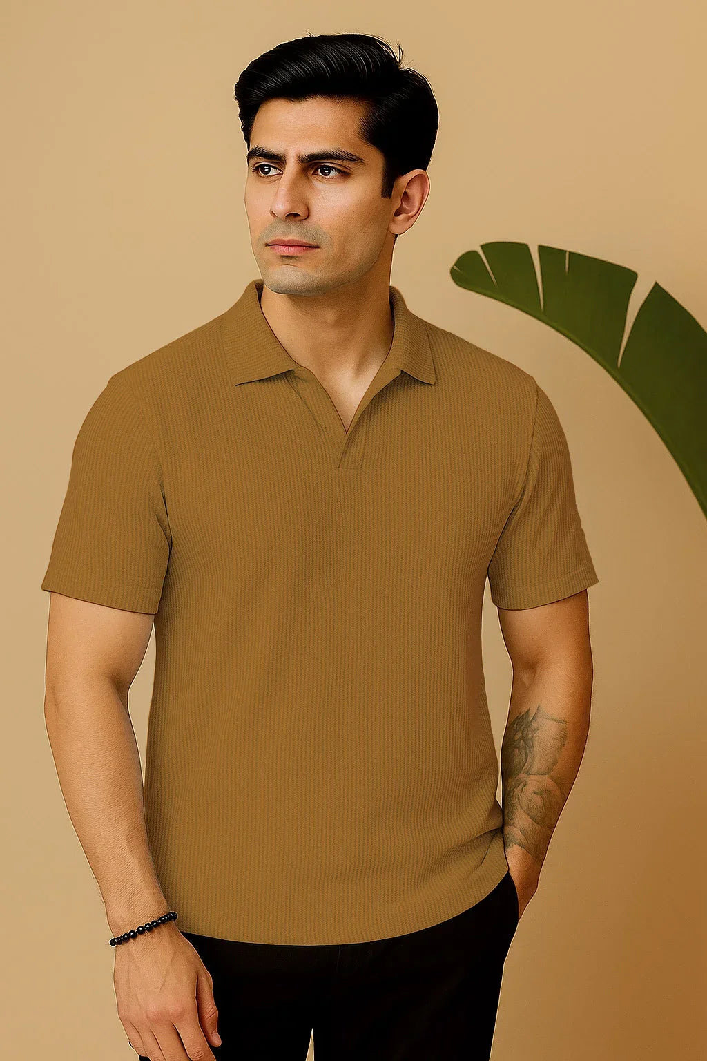 Knit Mustard Polo Shirt & Black Drawstring Trouser