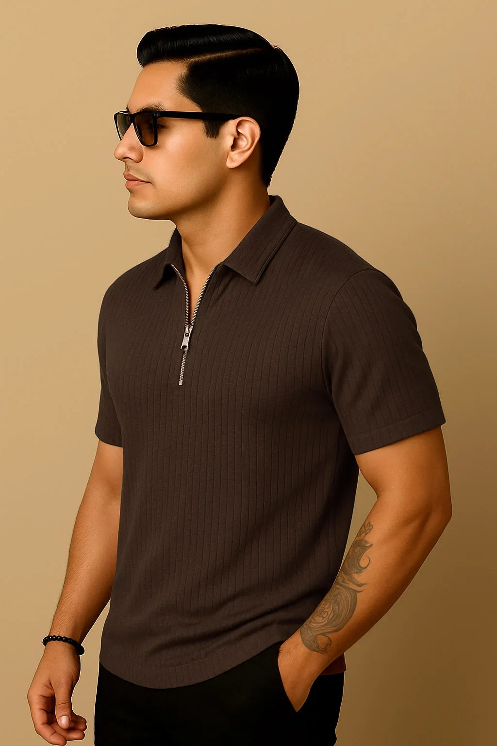Ribbed Knit Half-Zip Polo Shirt Brown