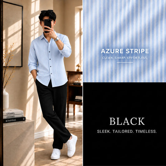 Azure Stripe Full Sleeves Shirt With Black Drawstring Trouser