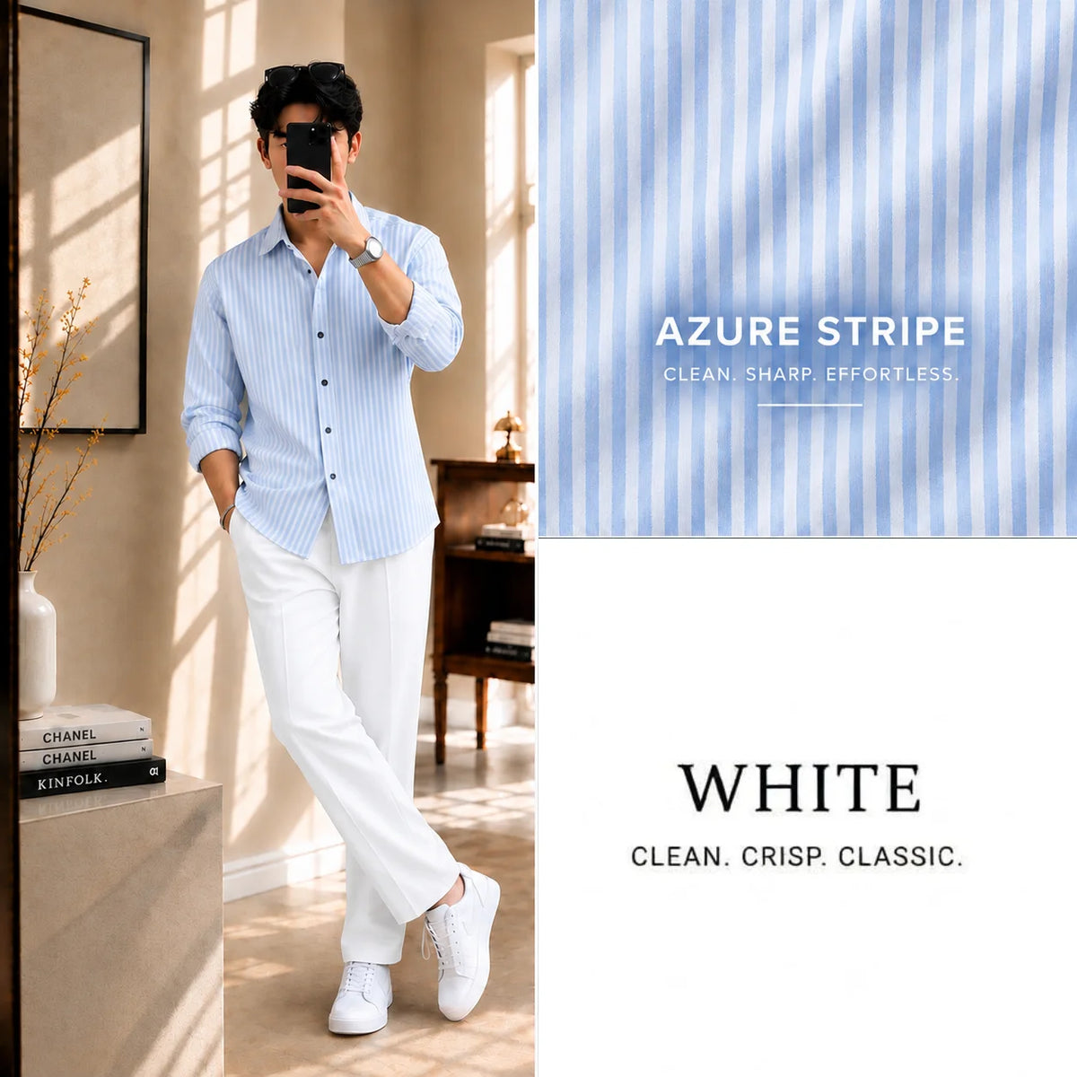 Azure Stripe Full Sleeves Shirt With White Drawstring Trouser