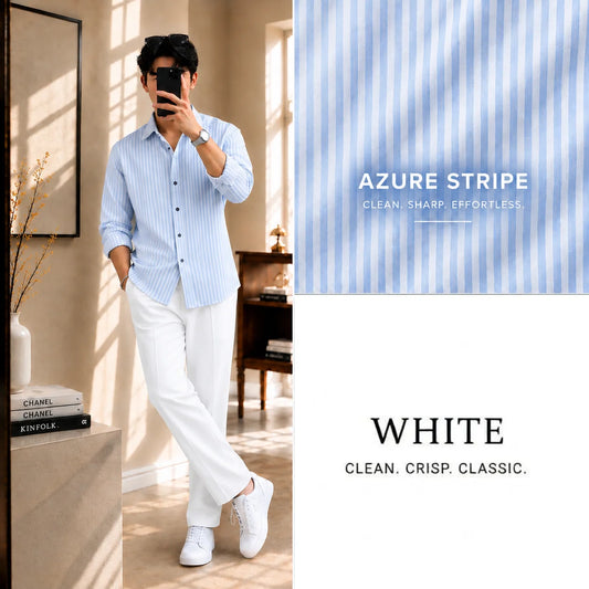Azure Stripe Full Sleeves Shirt With White Drawstring Trouser