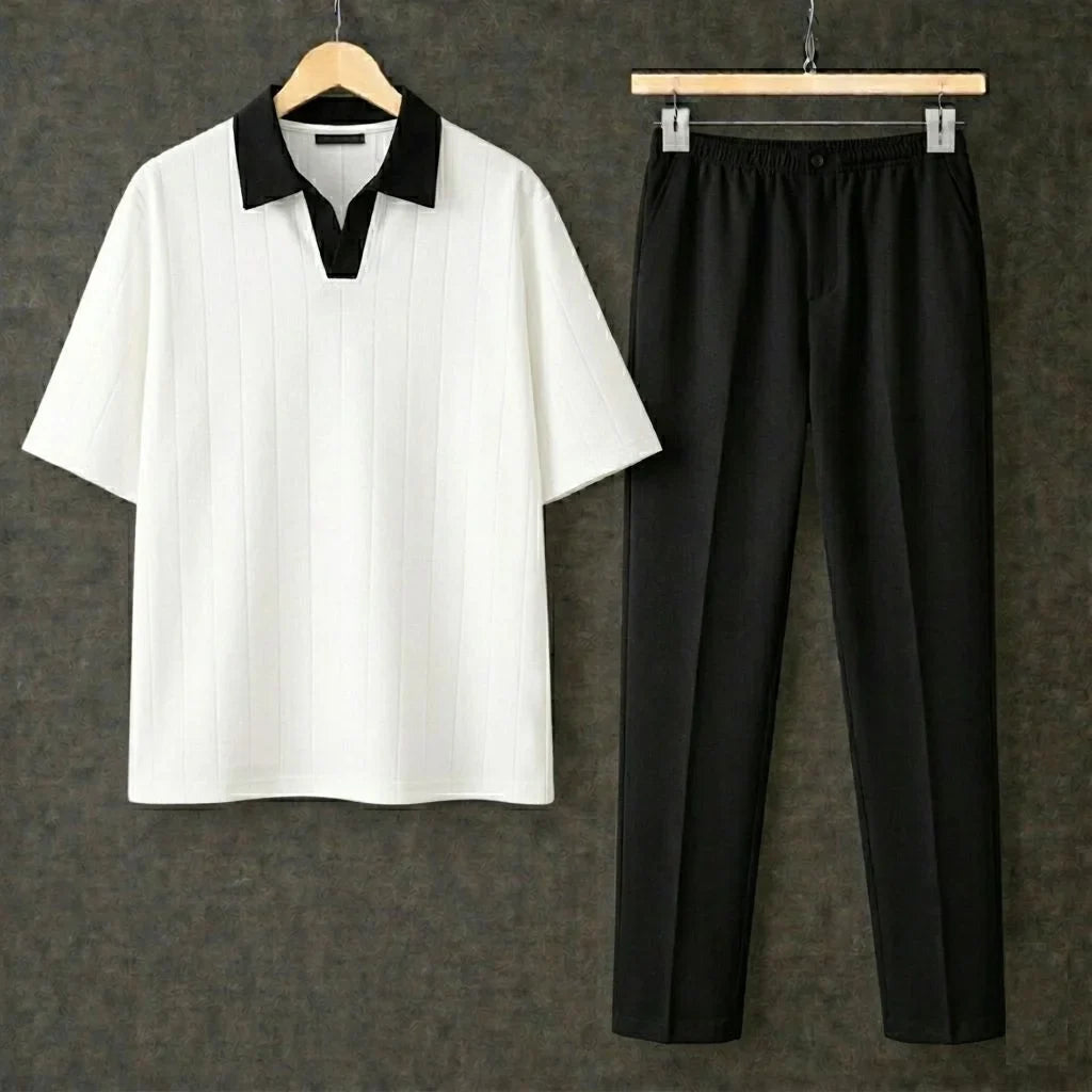 White Polo Contrast Collar Drop Shoulder Shirt With Black Drawstring Trouser