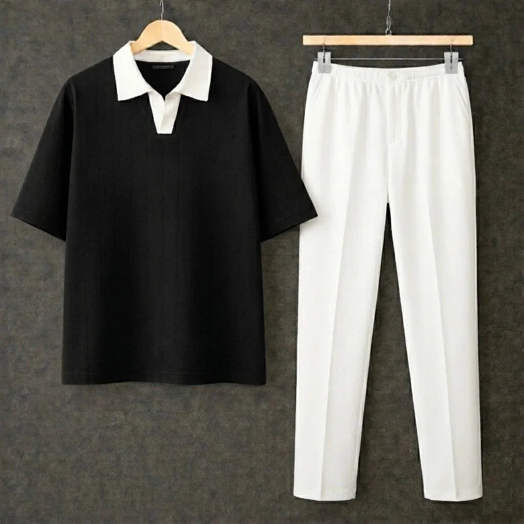 Black Polo Contrast Collar Drop Shoulder Shirt With White Drawstring Trouser