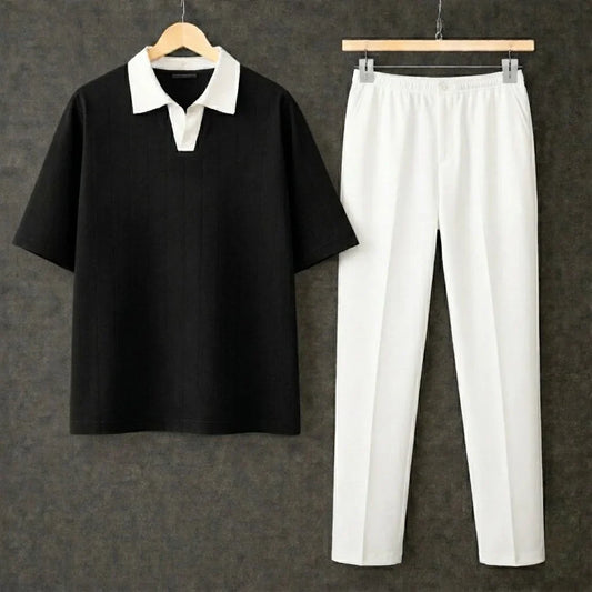 Black Polo Contrast Collar Drop Shoulder Shirt With White Drawstring Trouser