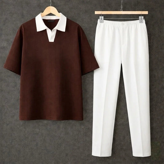 Brown Polo Contrast Collar Drop Shoulder Shirt With White Drawstring Trouser