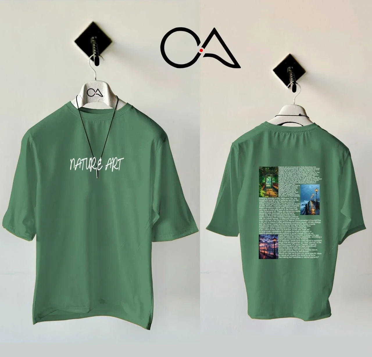 Printed Nature Art Sea Green Drop Shoulder Shirt With White Drawstring Trouser