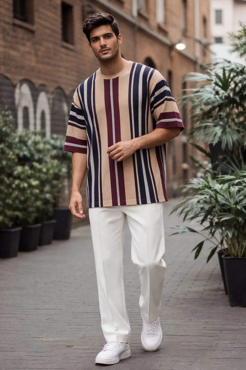 Beige Stripped Drop Shoulder Shirt With White Drawstring Trouser