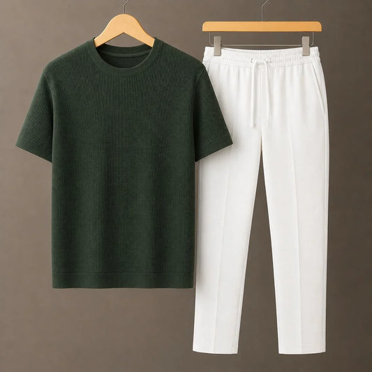 Knit Green Round Neck T-Shirt & White Drawstring Trouser