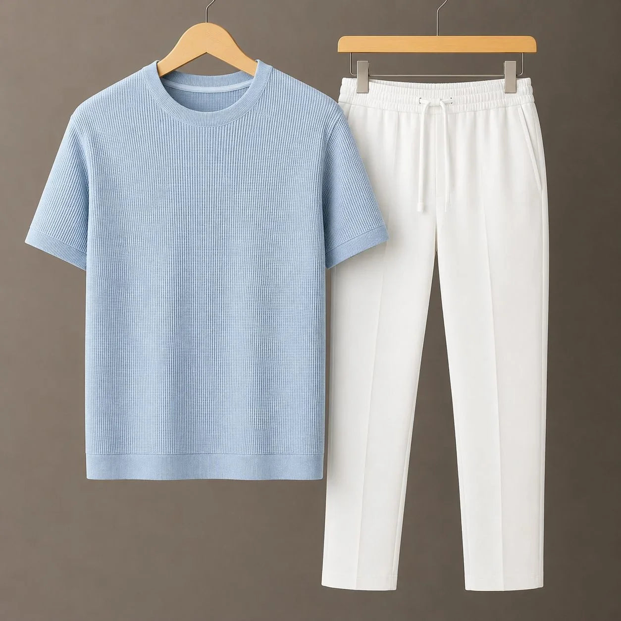 Knit Sky Blue Round Neck T-Shirt & White Drawstring Trouser