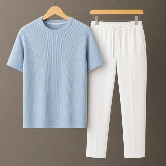 Knit Sky Blue Round Neck T-Shirt & White Drawstring Trouser