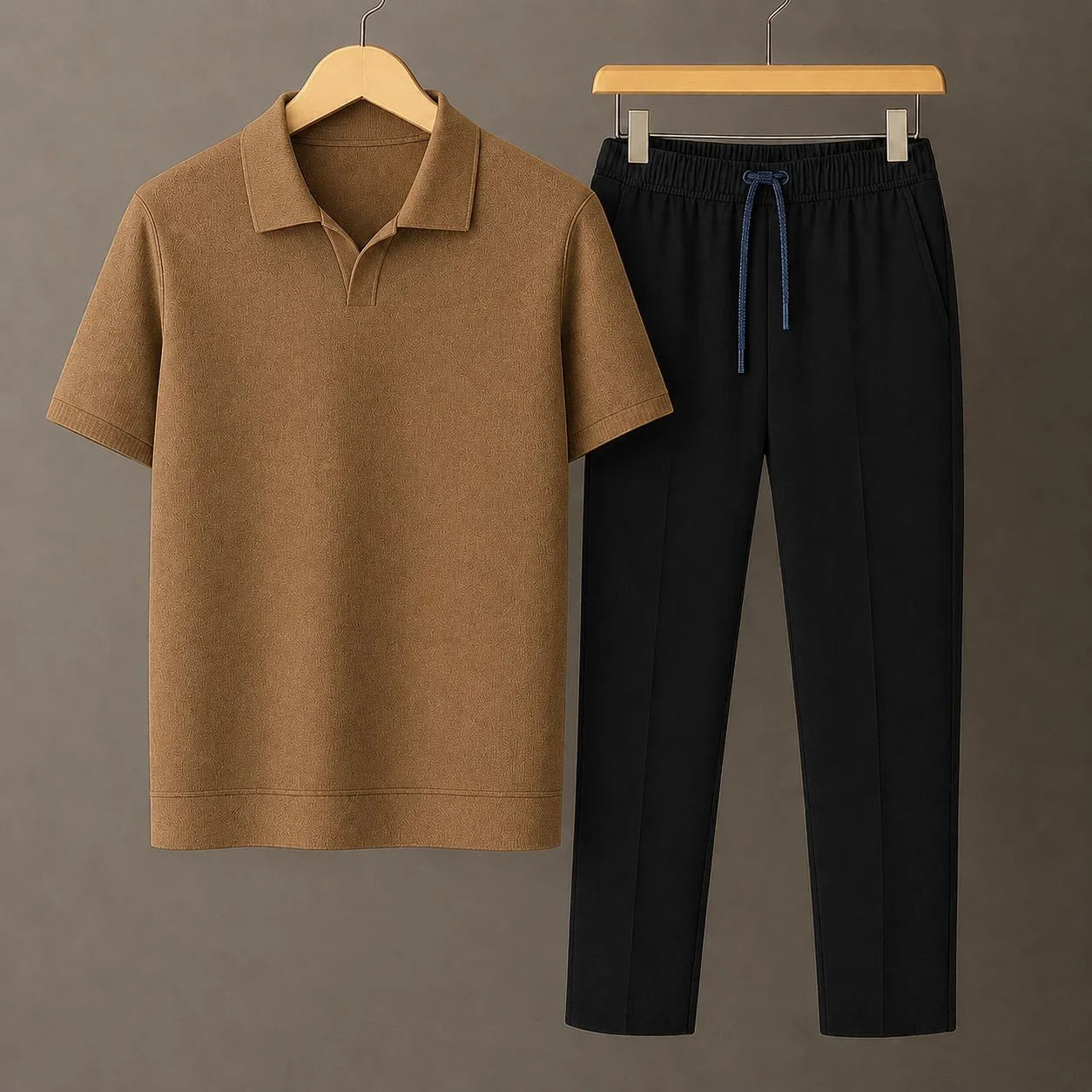 Knit Mustard Polo Shirt & Black Drawstring Trouser