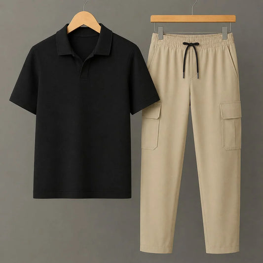 Knit Black Polo Shirt & Beige Cargo Drawstring Trouser