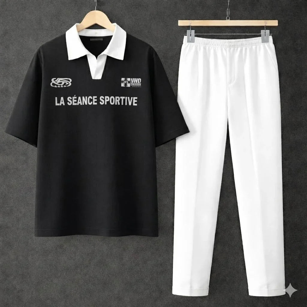 Black Polo Contrast Collar Printed Drop Shoulder Shirt With White Drawstring Trouser