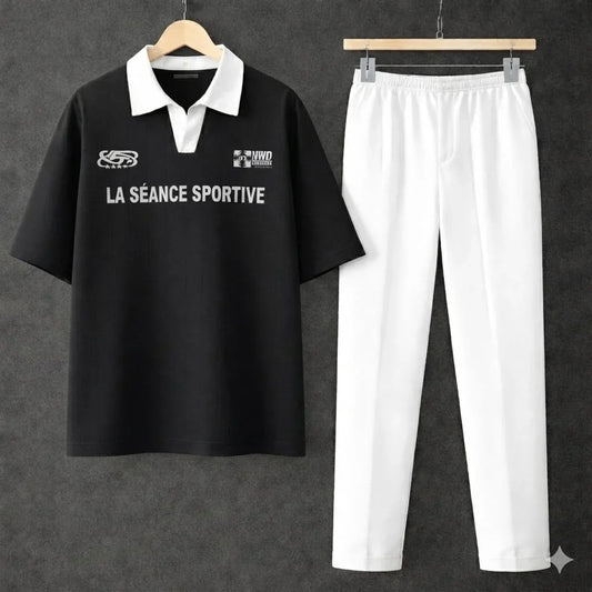Black Polo Contrast Collar Printed Drop Shoulder Shirt With White Drawstring Trouser