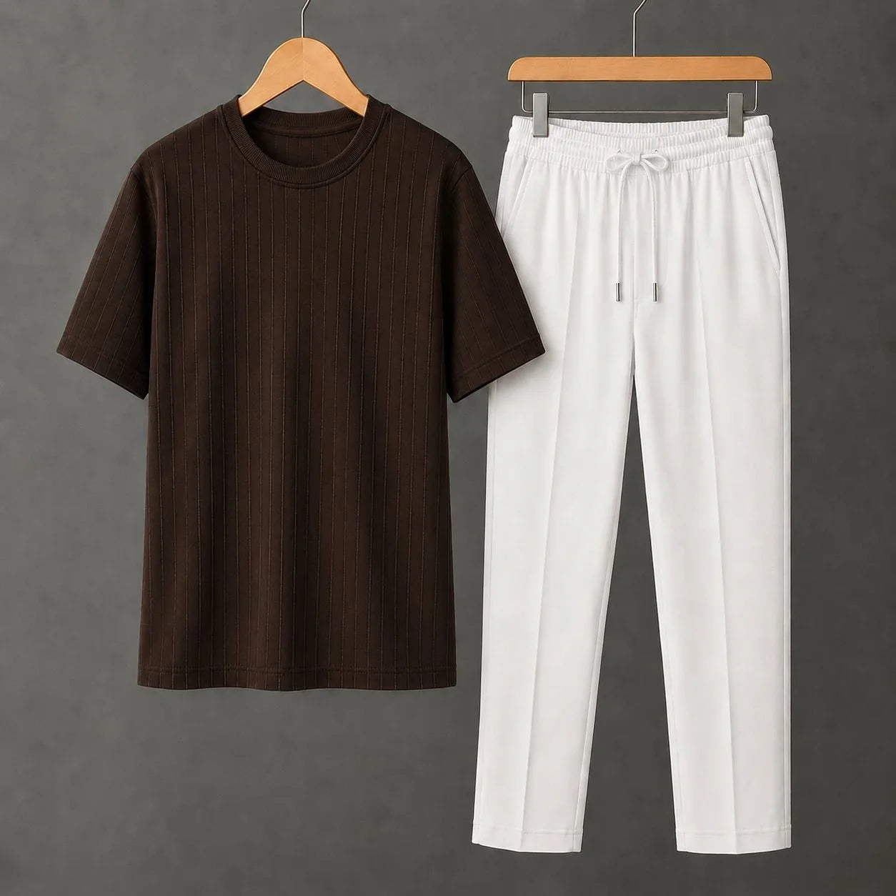 Premium Brown Ribbed T-Shirt With White Drawstring Trouser