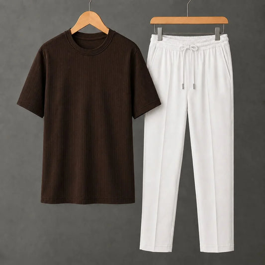 Premium Brown Ribbed T-Shirt With White Drawstring Trouser