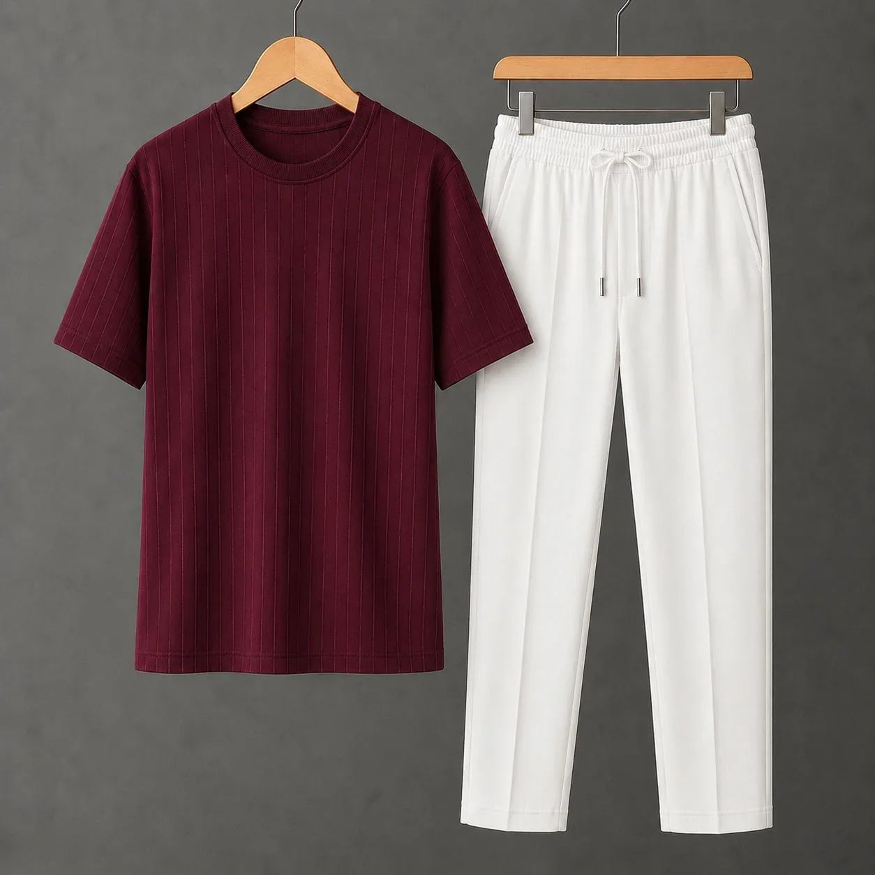 Premium Maroon Ribbed T-Shirt With White Drawstring Trouser