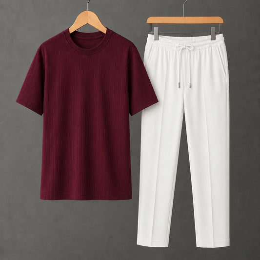 Premium Maroon Ribbed T-Shirt With White Drawstring Trouser