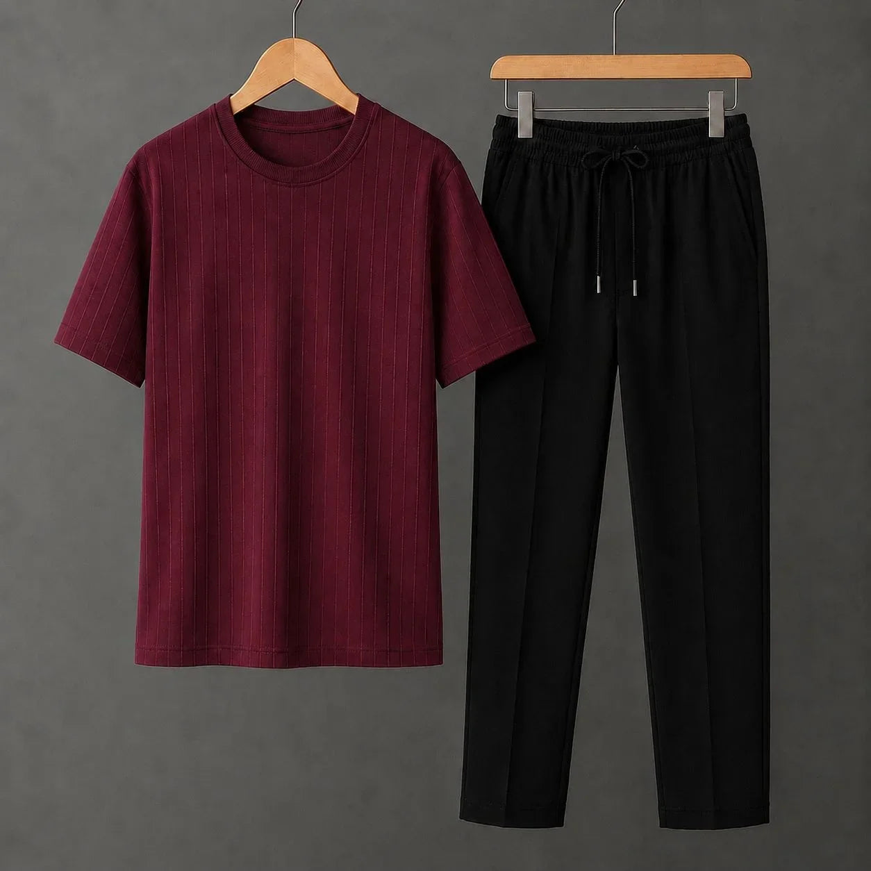 Premium Maroon Ribbed T-Shirt With Black Drawstring Trouser