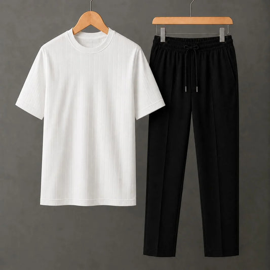 Premium White Ribbed T-Shirt With Black Drawstring Trouser