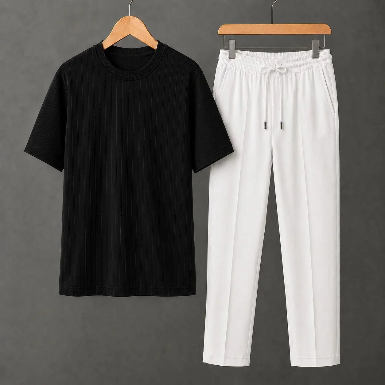 Premium Black Ribbed T-Shirt With White Drawstring Trouser