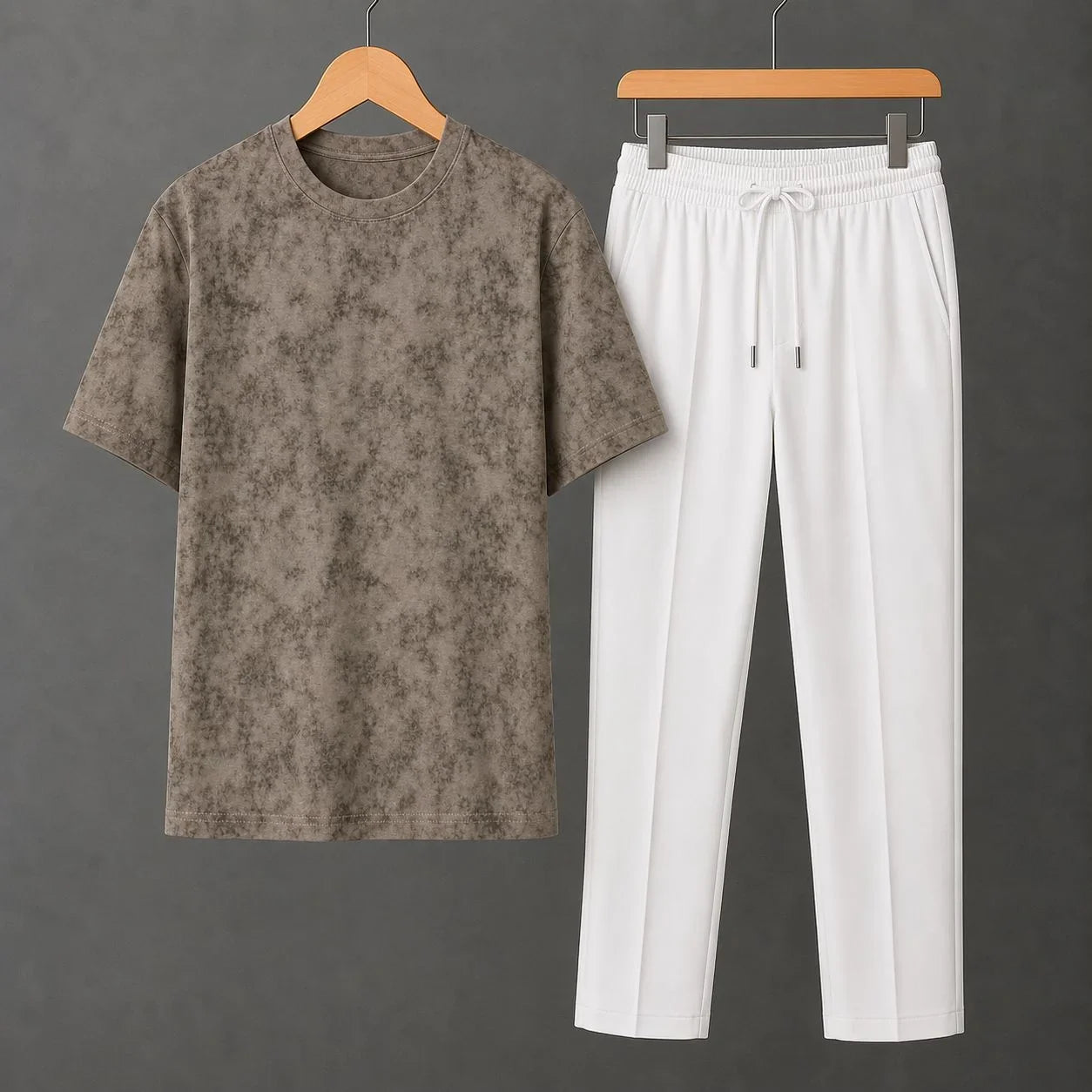 Olive Khaki Thunder Storm Drop Shoulder Shirt With White Drawstring Trouser
