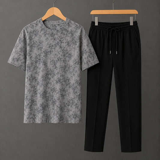 Grey thunder storm Drop Shoulder Shirt With Black Drawstring Trouser