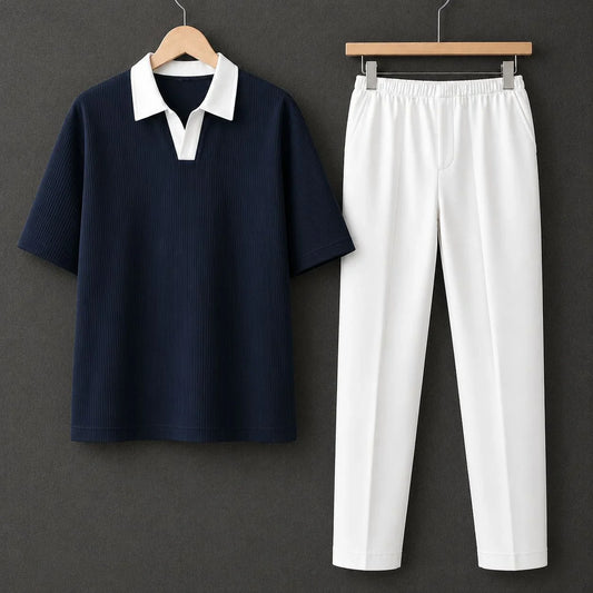 Navy Blue Polo Contrast Collar Drop Shoulder Shirt With White Drawstring Trouser