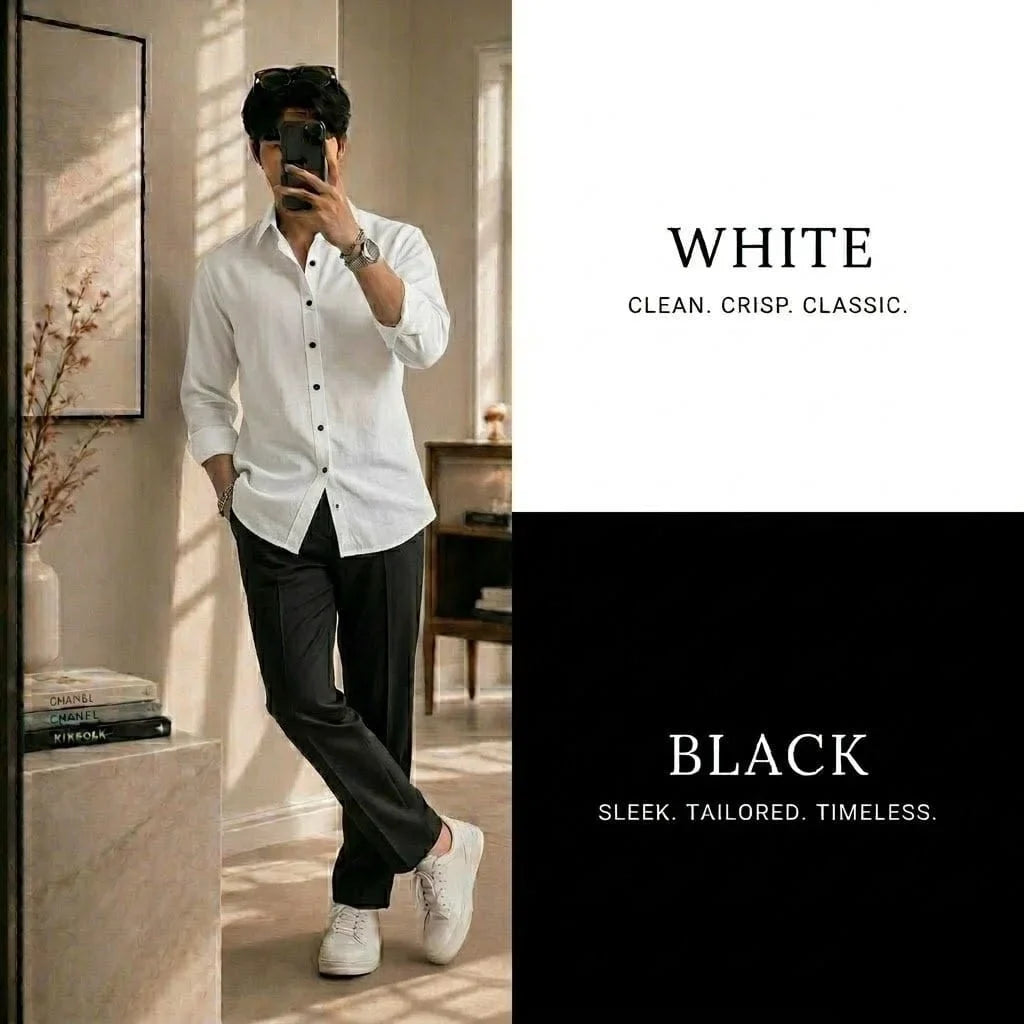 Premium White Full Sleeves Shirt With Black Drawstring Trouser