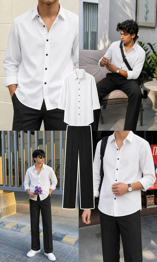 Premium White Full Sleeves Shirt With Black Drawstring Trouser