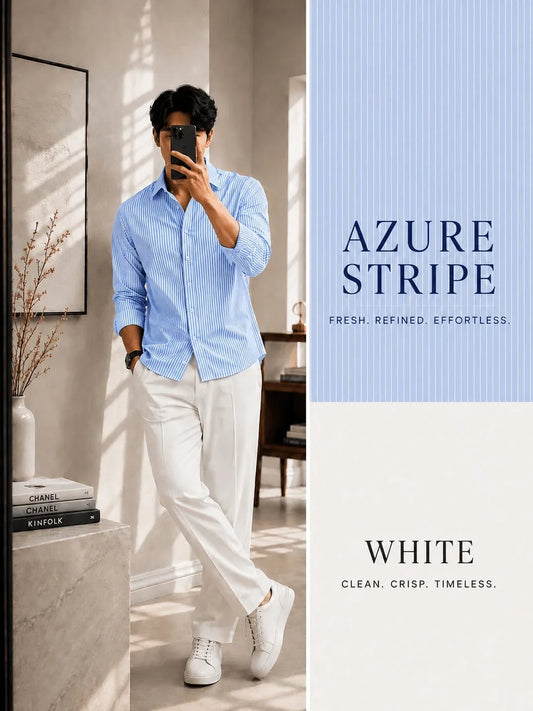 Azure Stripe Full Sleeves Shirt With White Drawstring Trouser