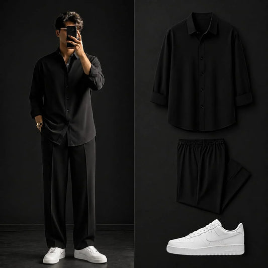 Premium Black Full Sleeves Shirt With Black Drawstring Trouser