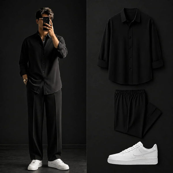 Premium Black Full Sleeves Shirt With Black Drawstring Trouser