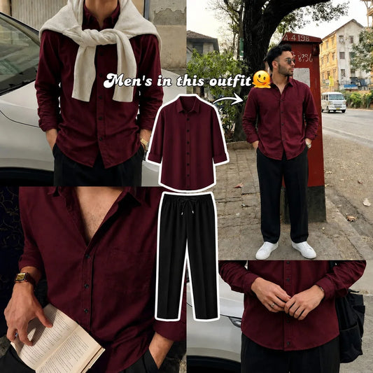 Premium Wine Red Full Sleeves Shirt With Black Drawstring Trouser