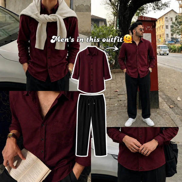 Premium Wine Red Full Sleeves Shirt With Black Drawstring Trouser