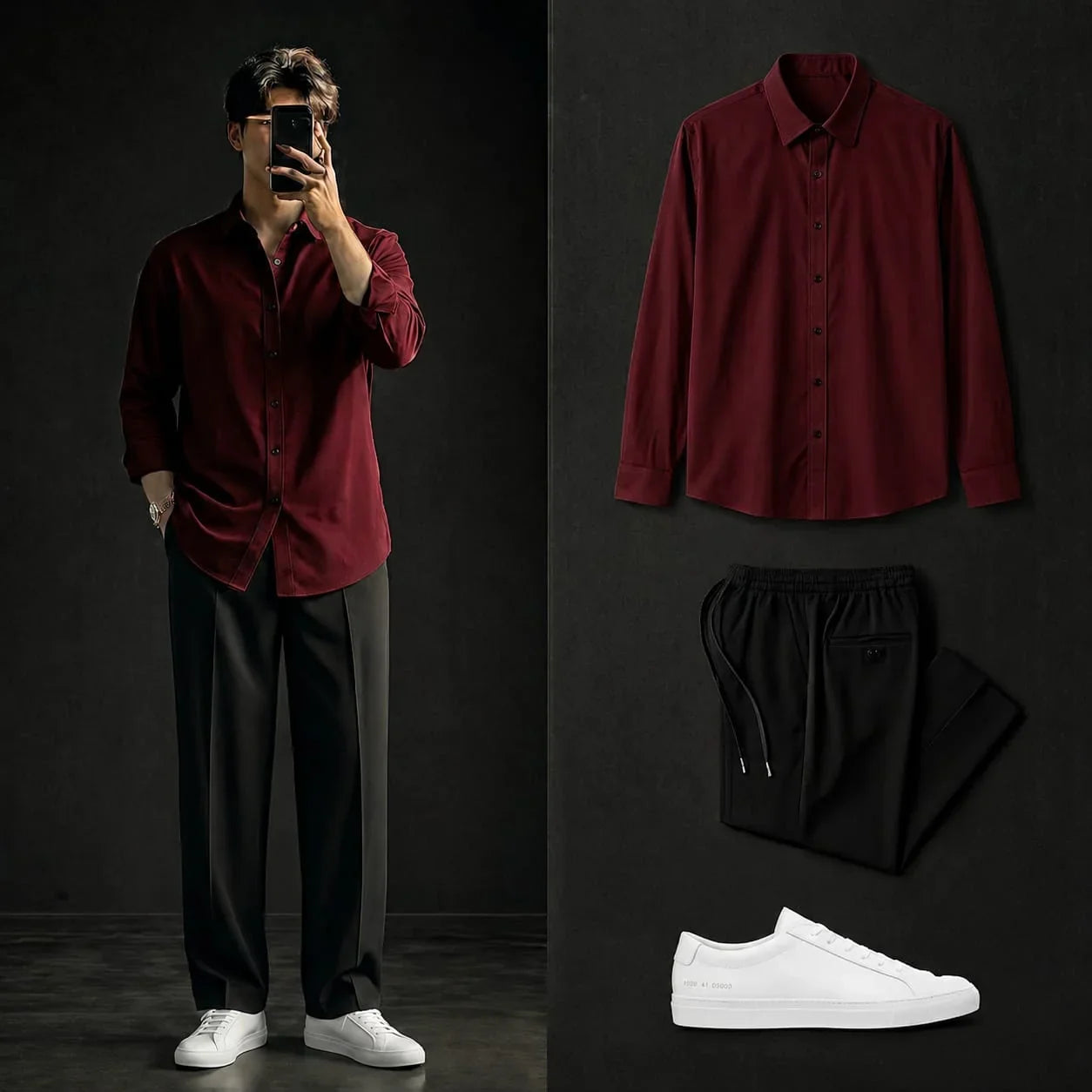 Premium Wine Red Full Sleeves Shirt With Black Drawstring Trouser