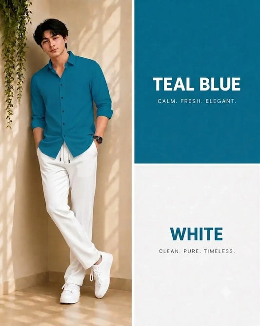 Premium Teal Blue Full Sleeves Shirt With White Drawstring Trouser