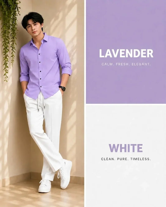 Premium Lavender Full Sleeves Shirt With White Drawstring Trouser