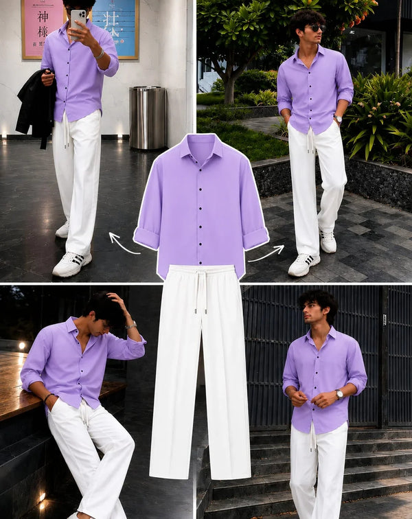 Premium Lavender Full Sleeves Shirt With White Drawstring Trouser