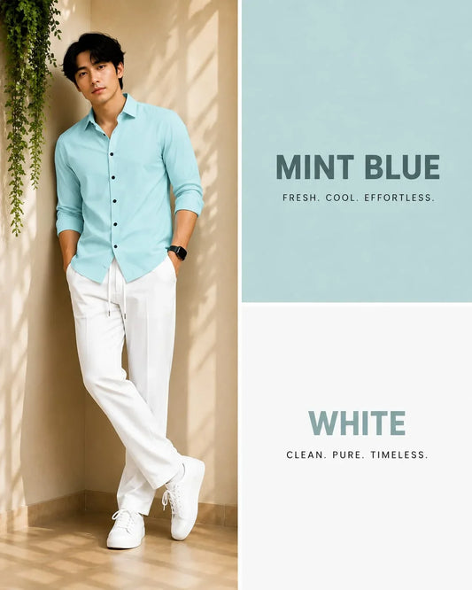 Premium Mint Blue Full Sleeves Shirt With White Drawstring Trouser