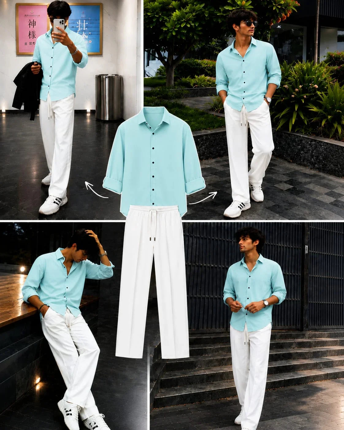 Premium Mint Blue Full Sleeves Shirt With White Drawstring Trouser