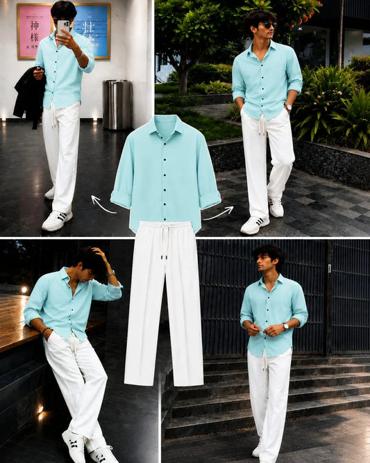 Premium Mint Blue Full Sleeves Shirt With White Drawstring Trouser