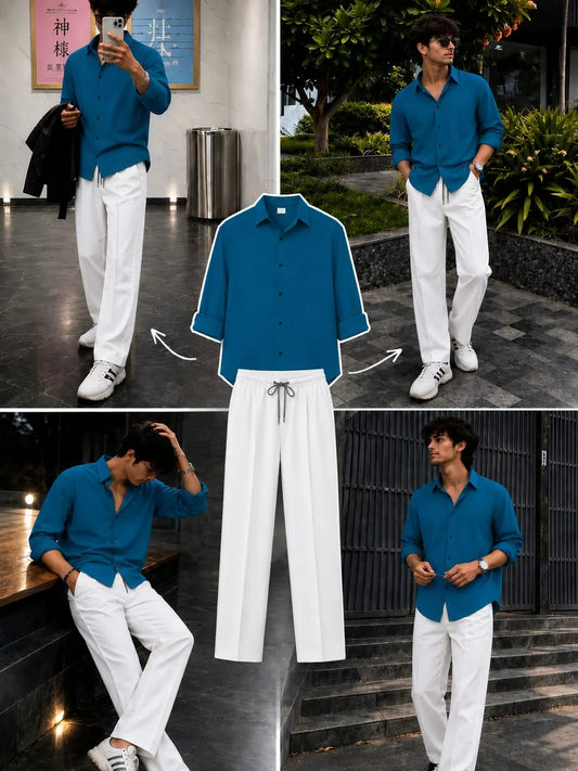 Premium Teal Blue Full Sleeves Shirt With White Drawstring Trouser