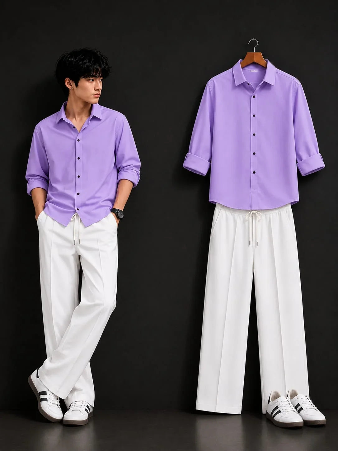 Premium Lavender Full Sleeves Shirt With White Drawstring Trouser