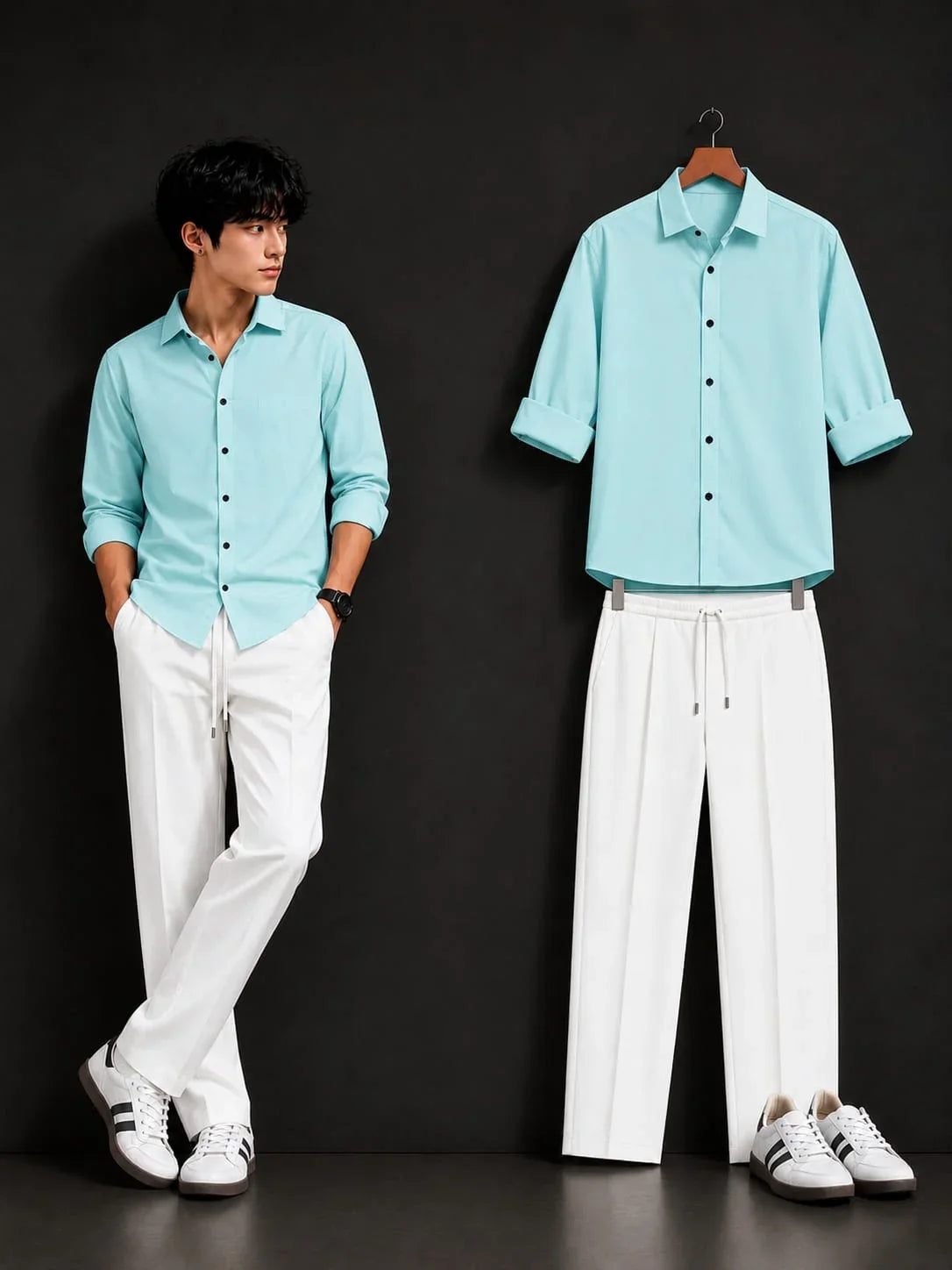 Premium Mint Blue Full Sleeves Shirt With White Drawstring Trouser