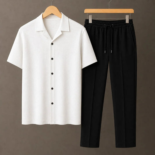 White Knit Button Down Camp Collar Shirt With Black Drawstring Trouser