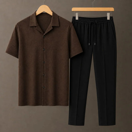 Brown Knit Button Down Camp Collar Shirt With Black Drawstring Trouser